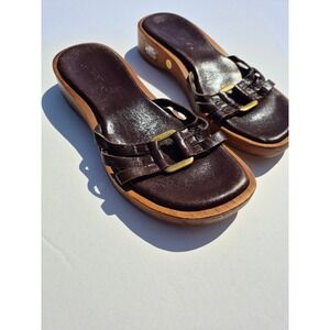 J.Crew Size 7 Women's Vintage Y2K Brown Leather Wood Wedge Slide Sandals Boho